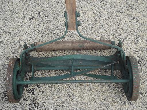 photo of antique Trojan manual push reel lawn mower, WWI vintage w/steel wheels #4