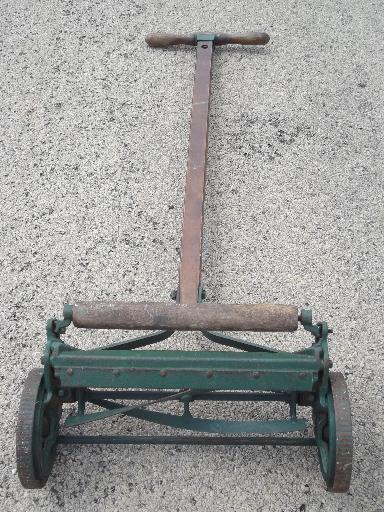 photo of antique Trojan manual push reel lawn mower, WWI vintage w/steel wheels #7