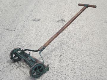 catalog photo of antique Trojan manual push reel lawn mower, WWI vintage w/steel wheels