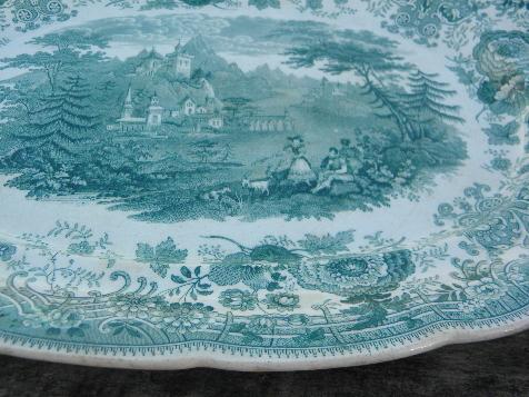 photo of antique Tyrolean transferware china platter, old Swiss alpine goats scene #2