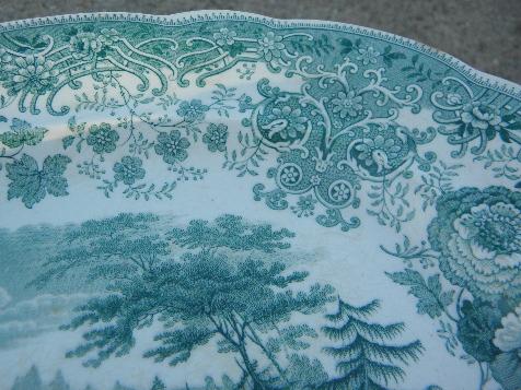 photo of antique Tyrolean transferware china platter, old Swiss alpine goats scene #3