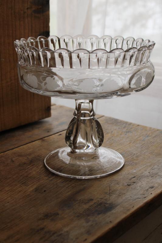 photo of antique US Glass EAPG compote bowl, recessed pillar 'nail' pattern, etched hops leaves #1