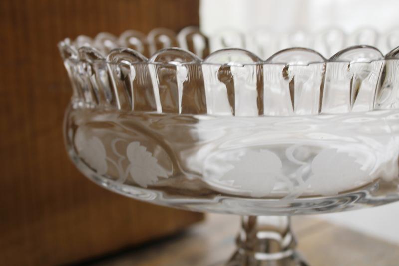 photo of antique US Glass EAPG compote bowl, recessed pillar 'nail' pattern, etched hops leaves #2