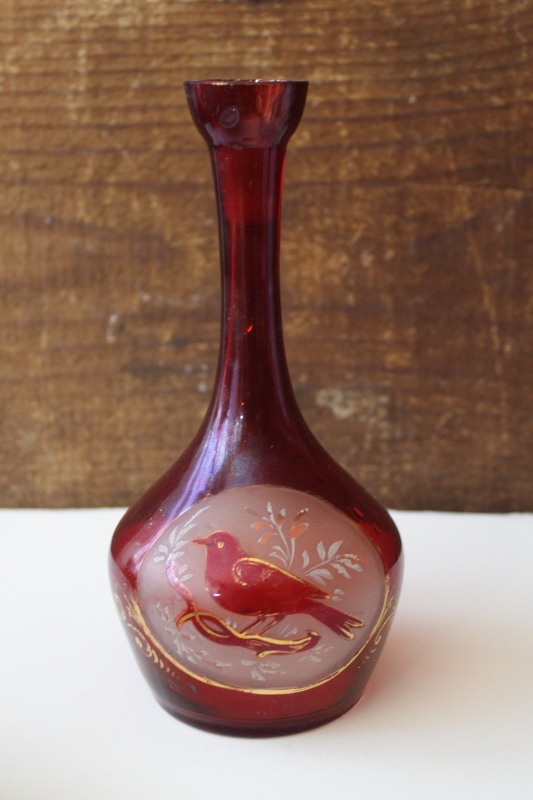 photo of antique Victorian Bohemian glass cut etched bird ruby stain vanity bottle no stopper #1