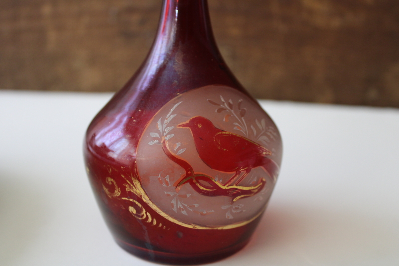 photo of antique Victorian Bohemian glass cut etched bird ruby stain vanity bottle no stopper #2