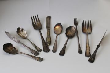 catalog photo of antique Victorian Edwardian vintage silver flatware, ornate mismatched serving pieces 