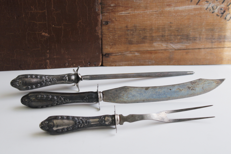 photo of antique Victorian carving set w/ ornate silver handles, meat carving knife fork w/ steel #1