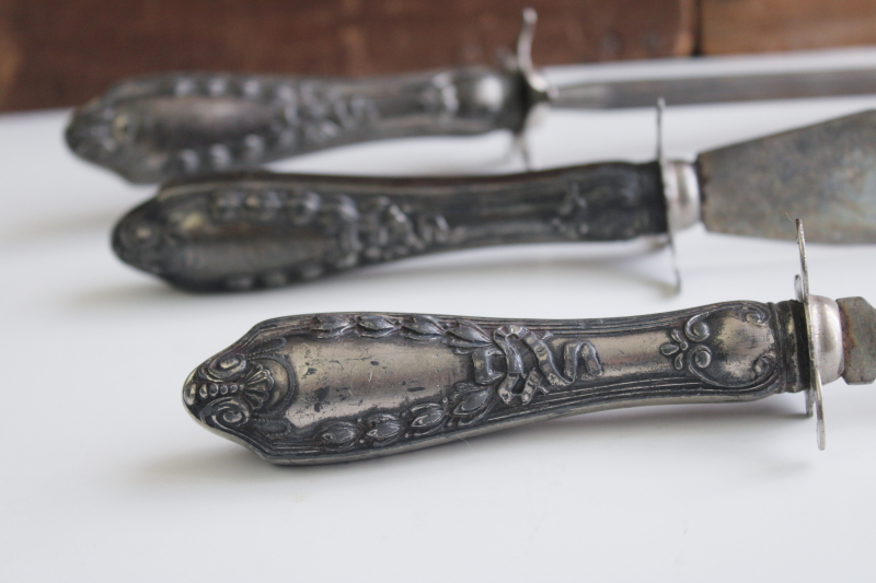 photo of antique Victorian carving set w/ ornate silver handles, meat carving knife fork w/ steel #2