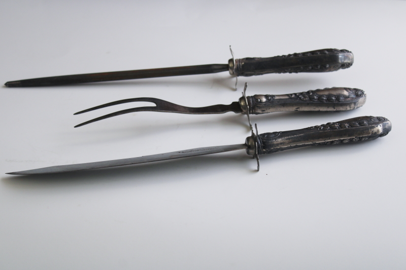 photo of antique Victorian carving set w/ ornate silver handles, meat carving knife fork w/ steel #4