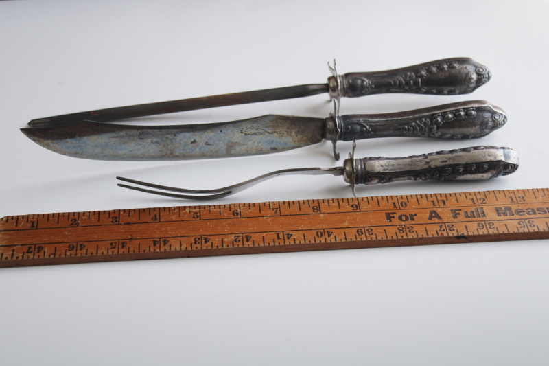 photo of antique Victorian carving set w/ ornate silver handles, meat carving knife fork w/ steel #8