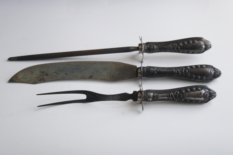 photo of antique Victorian carving set w/ ornate silver handles, meat carving knife fork w/ steel #9