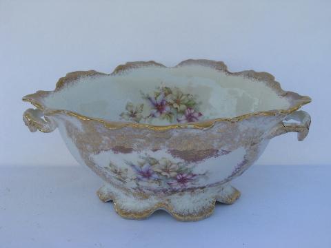 photo of antique Victorian console bowl, flowers & gold, old Germany or Austria china #1