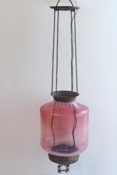 catalog photo of antique Victorian cranberry opalescent glass hanging light, converted oil lamp 