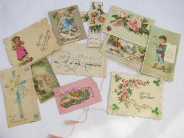 catalog photo of antique Victorian era color litho cards & paper snips, vintage religious mottos