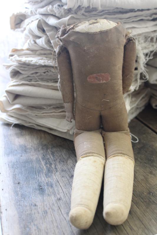 photo of antique Victorian era doll body, leather look canvas cloth w/ china hands painted boots #5