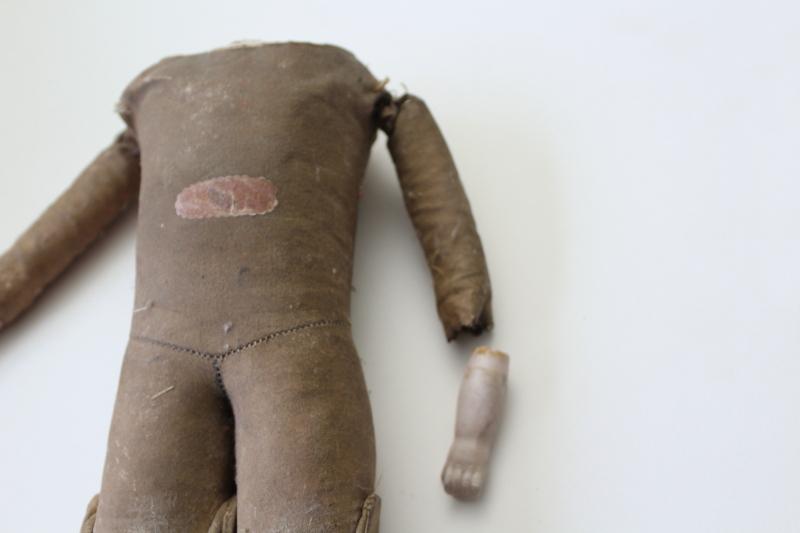 photo of antique Victorian era doll body, leather look canvas cloth w/ china hands painted boots #12