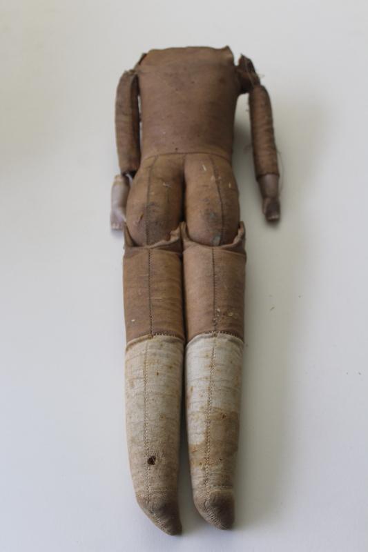 photo of antique Victorian era doll body, leather look canvas cloth w/ china hands painted boots #14