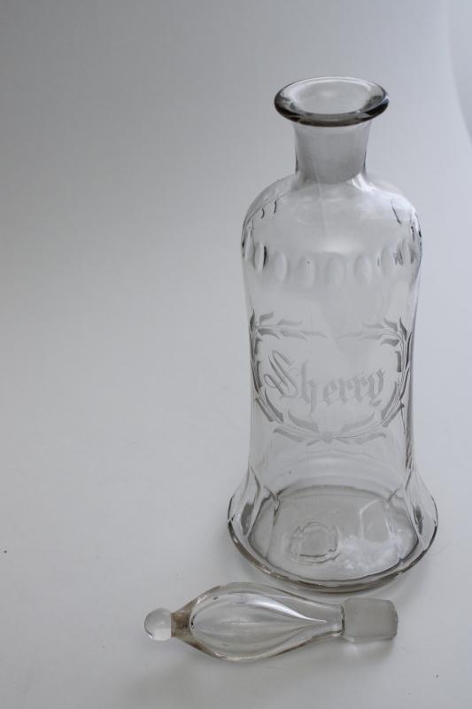 photo of antique Victorian era vintage engraved etched glass Sherry decanter bottle w/ stopper #6