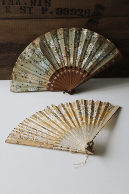 photo of antique Victorian hand fans, silver floral paper & sheer silk tulle w/ sequins, probably French #1
