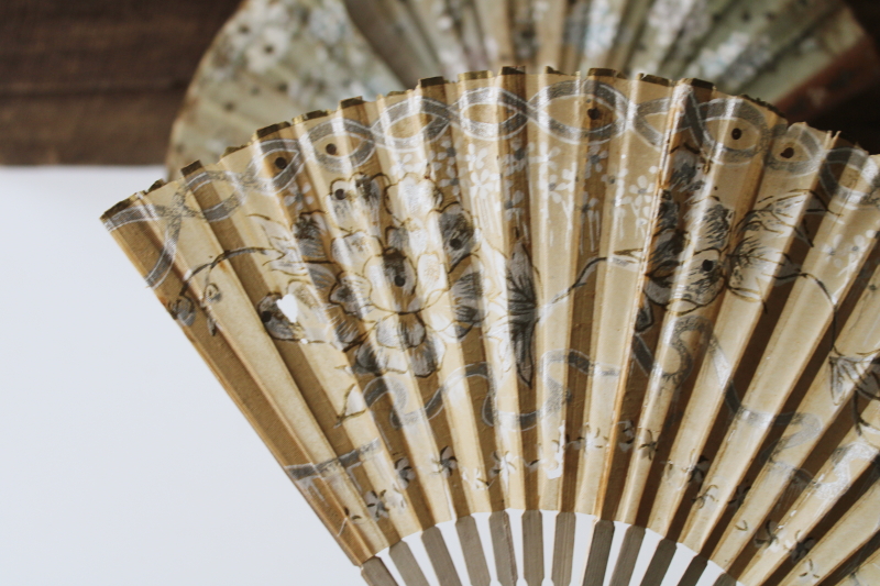 photo of antique Victorian hand fans, silver floral paper & sheer silk tulle w/ sequins, probably French  #5