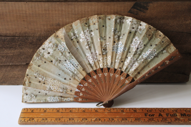 photo of antique Victorian hand fans, silver floral paper & sheer silk tulle w/ sequins, probably French  #6