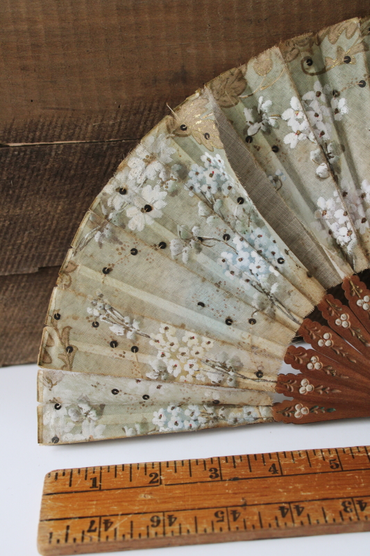photo of antique Victorian hand fans, silver floral paper & sheer silk tulle w/ sequins, probably French  #7