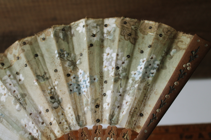photo of antique Victorian hand fans, silver floral paper & sheer silk tulle w/ sequins, probably French  #8