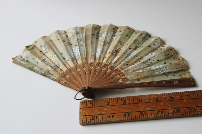 photo of antique Victorian hand fans, silver floral paper & sheer silk tulle w/ sequins, probably French  #9