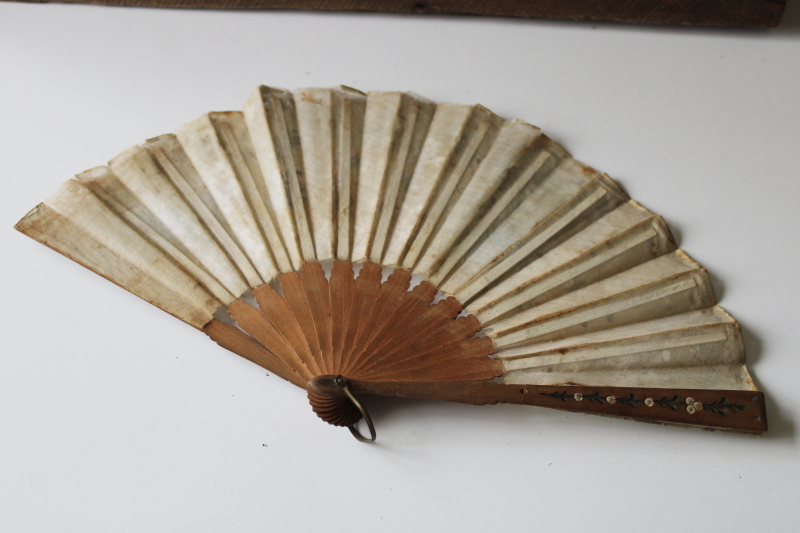 photo of antique Victorian hand fans, silver floral paper & sheer silk tulle w/ sequins, probably French  #10