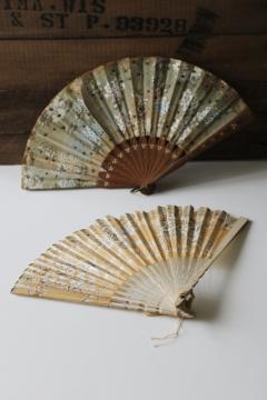 catalog photo of antique Victorian hand fans, silver floral paper & sheer silk tulle w/ sequins, probably French 