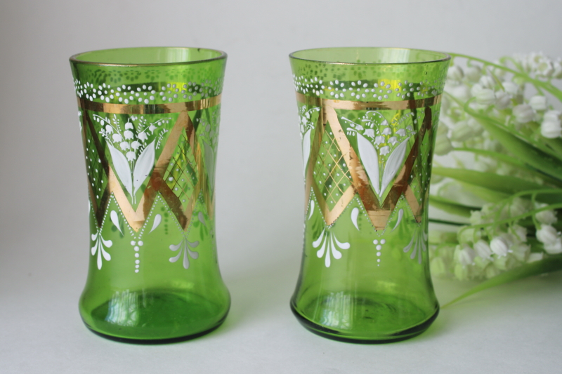 photo of antique Victorian hand painted enamel glass tumblers, lily of the valley green glass drinking glasses  #1