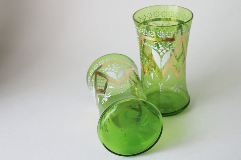 photo of antique Victorian hand painted enamel glass tumblers, lily of the valley green glass drinking glasses  #3