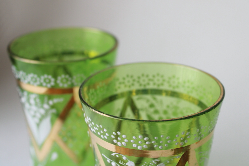 photo of antique Victorian hand painted enamel glass tumblers, lily of the valley green glass drinking glasses  #4