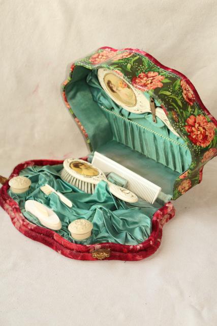 photo of antique Victorian lady french ivory gutta percha dressing table set, brush comb mirror velvet case #13