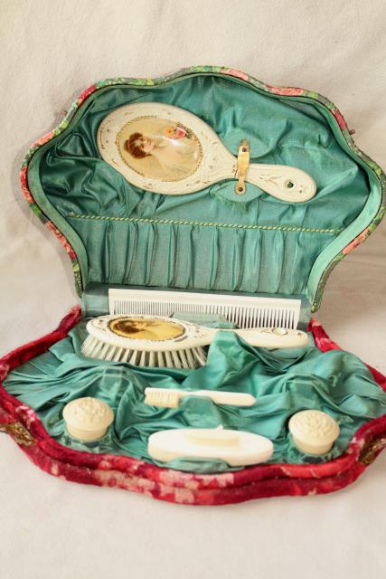 photo of antique Victorian lady french ivory gutta percha dressing table set, brush comb mirror velvet case #14