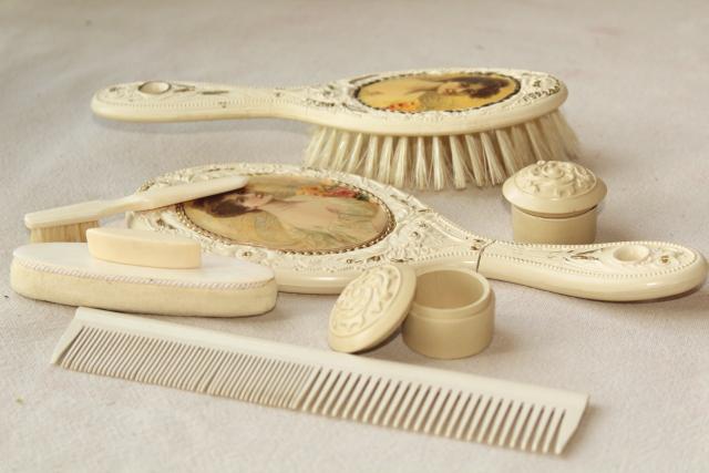 photo of antique Victorian lady french ivory gutta percha dressing table set, brush comb mirror velvet case #15