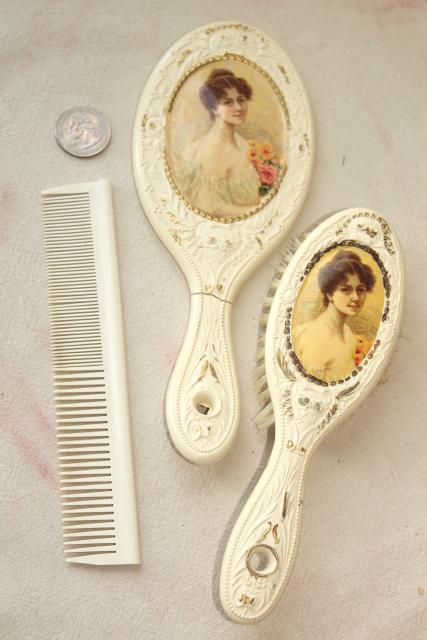 photo of antique Victorian lady french ivory gutta percha dressing table set, brush comb mirror velvet case #16