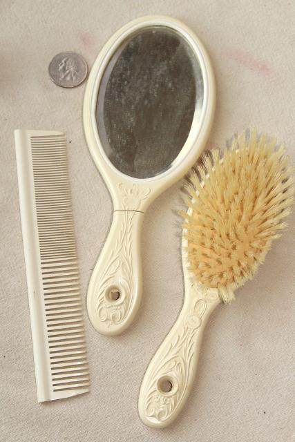 photo of antique Victorian lady french ivory gutta percha dressing table set, brush comb mirror velvet case #17