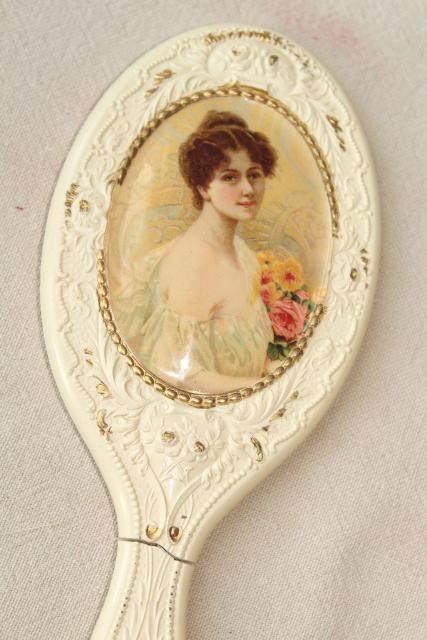 photo of antique Victorian lady french ivory gutta percha dressing table set, brush comb mirror velvet case #18