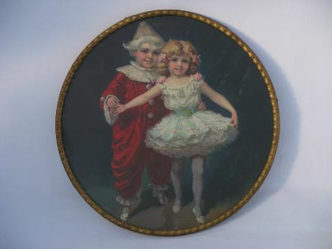 photo of antique Victorian litho color prints, round pictures of girl dancer, skating children #2