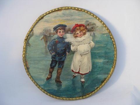 photo of antique Victorian litho color prints, round pictures of girl dancer, skating children #3