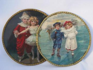 catalog photo of antique Victorian litho color prints, round pictures of girl dancer, skating children