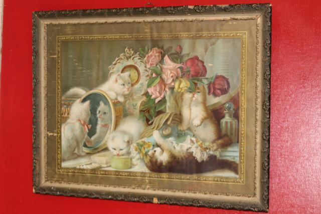 photo of antique Victorian litho print The Five Senses fluffy kittens w/ flowers dated 1905 #1