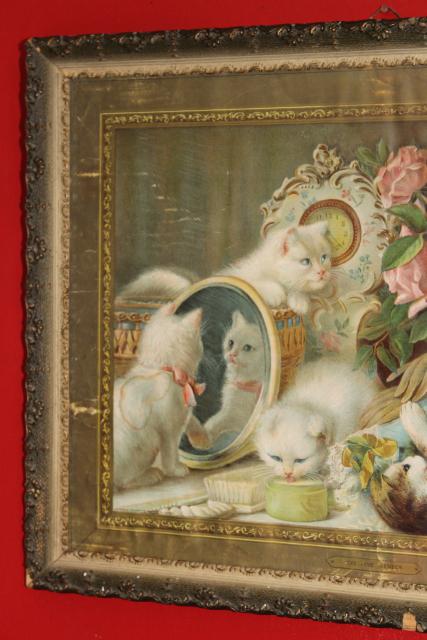 photo of antique Victorian litho print The Five Senses fluffy kittens w/ flowers dated 1905 #6