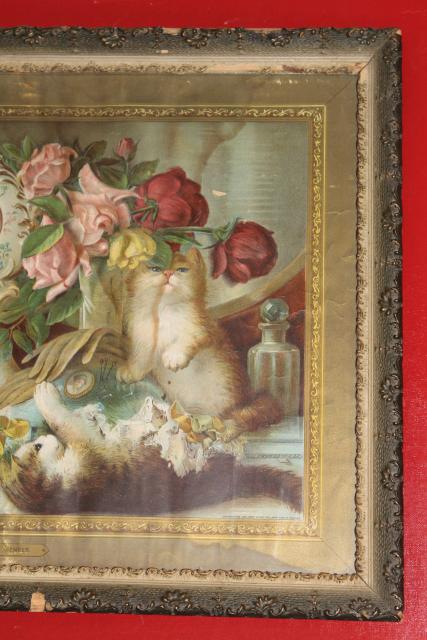 photo of antique Victorian litho print The Five Senses fluffy kittens w/ flowers dated 1905 #7