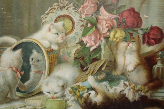 photo of antique Victorian litho print The Five Senses fluffy kittens w/ flowers dated 1905 #9