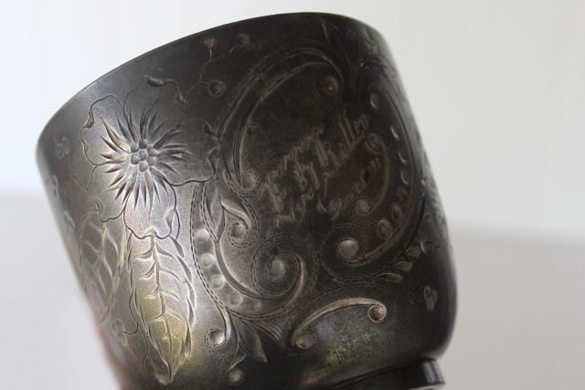 photo of antique Victorian mustache cup, Pairpoint bright cut silver hand engraved #3