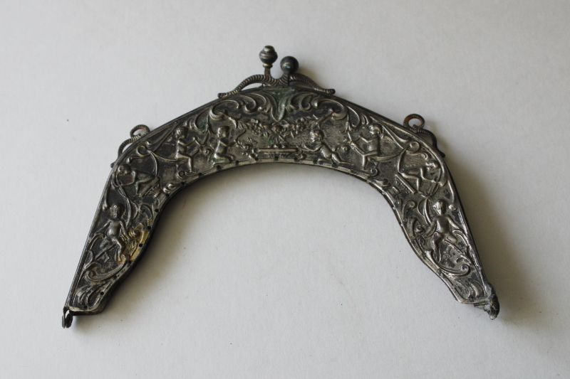 photo of antique Victorian purse frame, ornate embossed nickel silver metal w/ cherubs, needs repair  #1