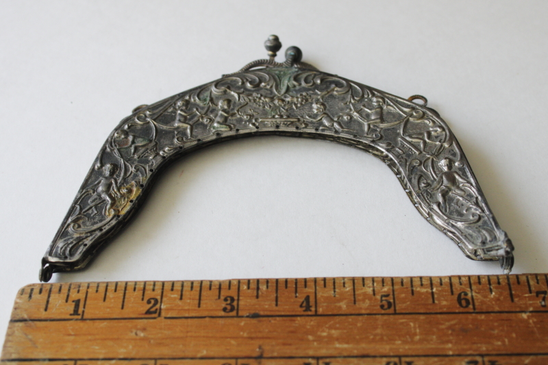 photo of antique Victorian purse frame, ornate embossed nickel silver metal w/ cherubs, needs repair #2
