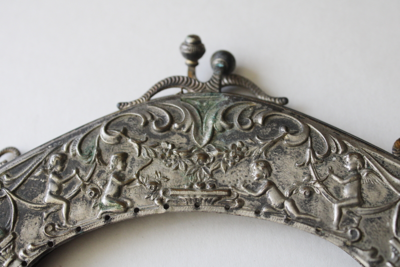 photo of antique Victorian purse frame, ornate embossed nickel silver metal w/ cherubs, needs repair #3